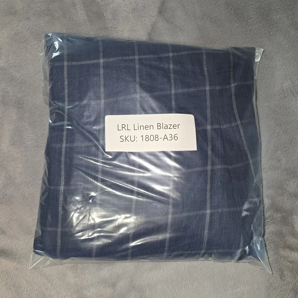 Ralph Lauren 100% Linen Blazer Mens 46L, Blue‎ Windowpane Plaid, 2 Button, Notch